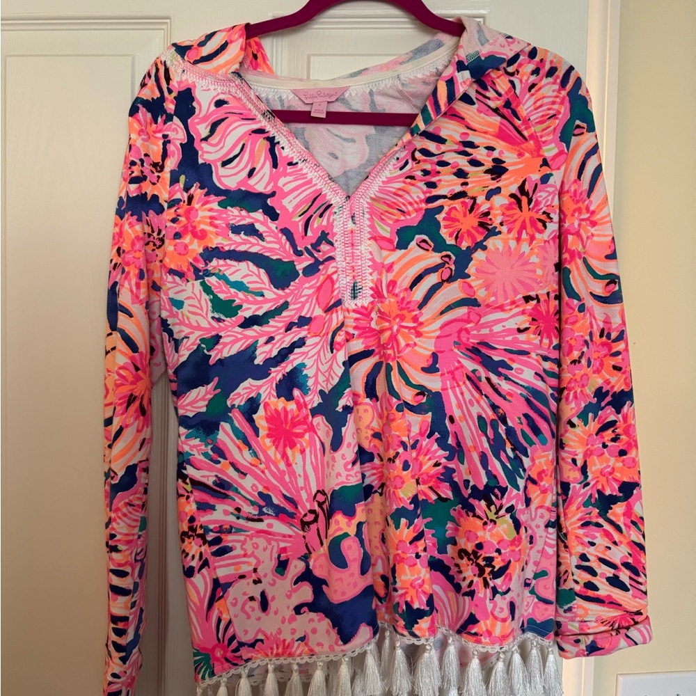 Lilly Pulitzer Pink and Navy top with hood and tassels.